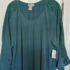 CATHERINES TEAL TOP WITH LACE DOWN THE SIDES OF SLEEVES SIZE. 2X